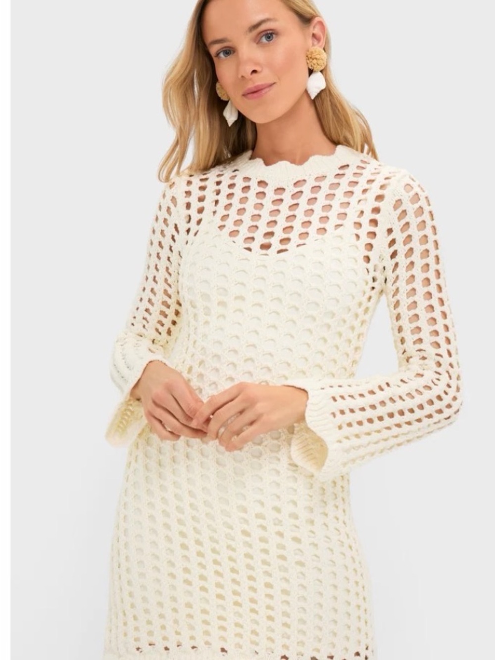 Open-Knit Ivory Mini Dress with Scallop Neckline